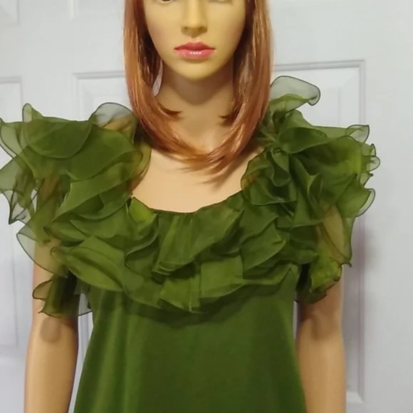 Vintage Blouse 60s Phillips 66 Green Chiffon Clown Ruffle Special Occasion NOS - Picture 2 of 9